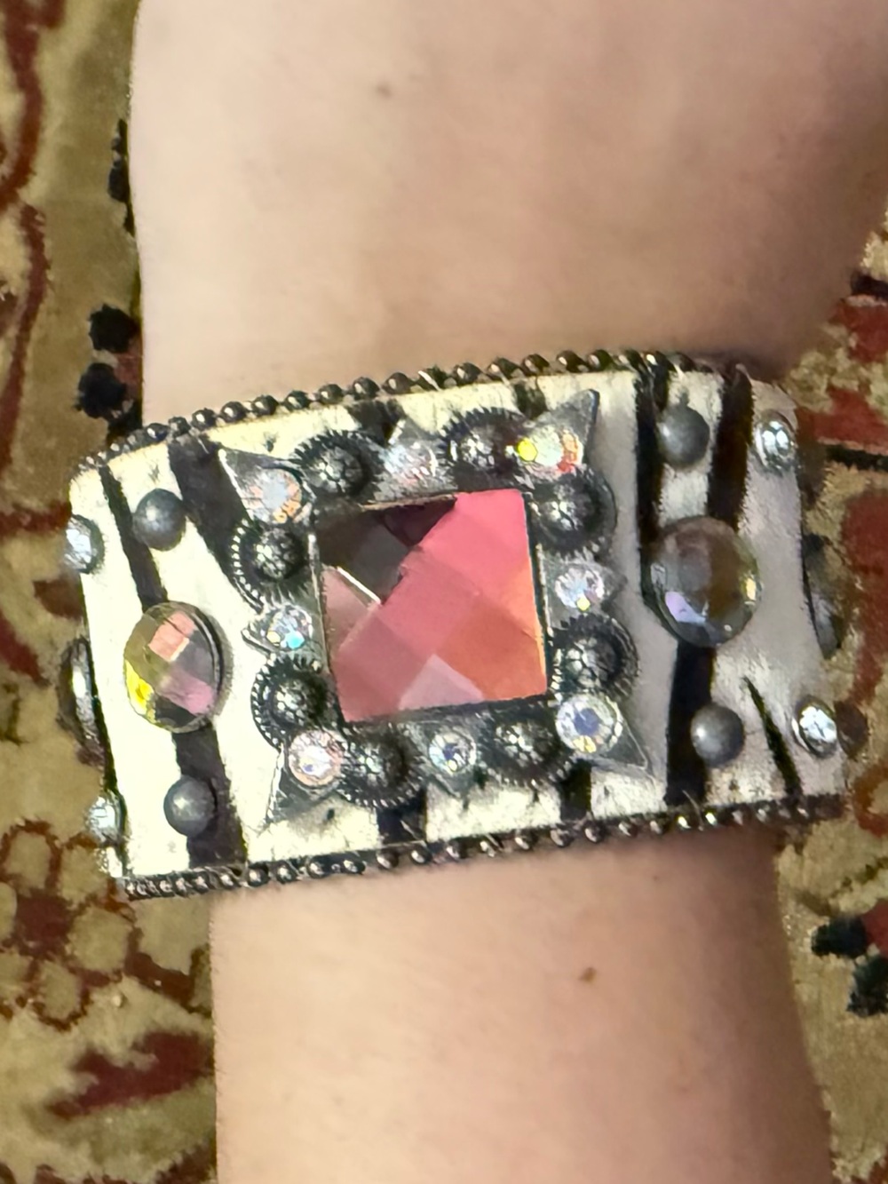 Y2K Zebra Print Embellished Statement Cuff - adjustable size